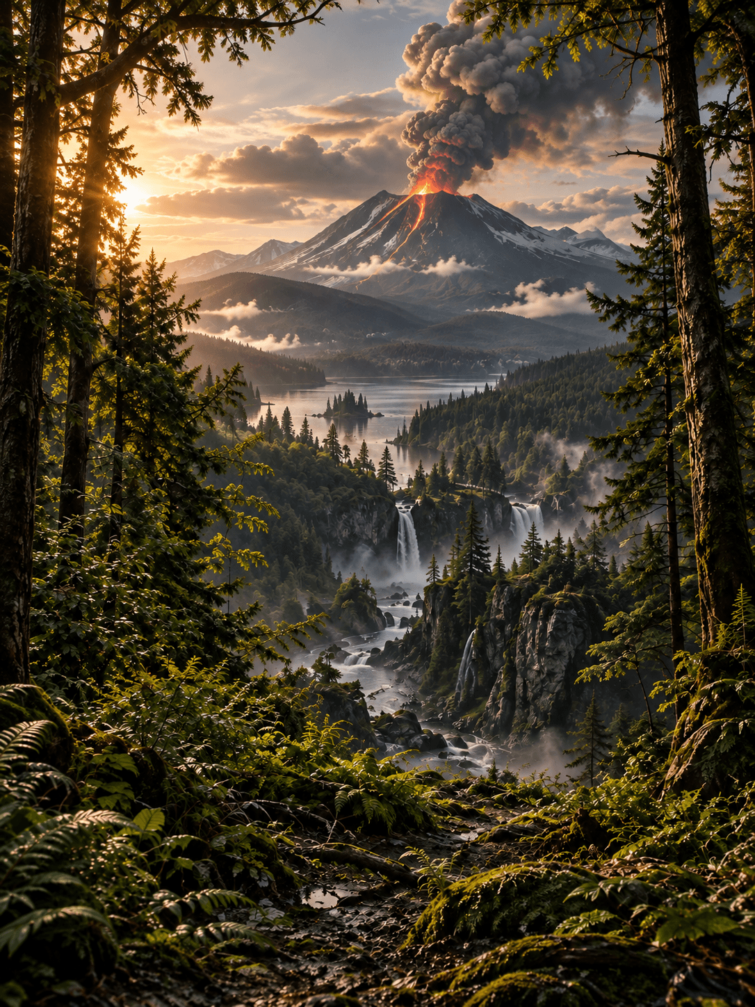 Sentier forestier surplombant des cascades et un volcan en éruption