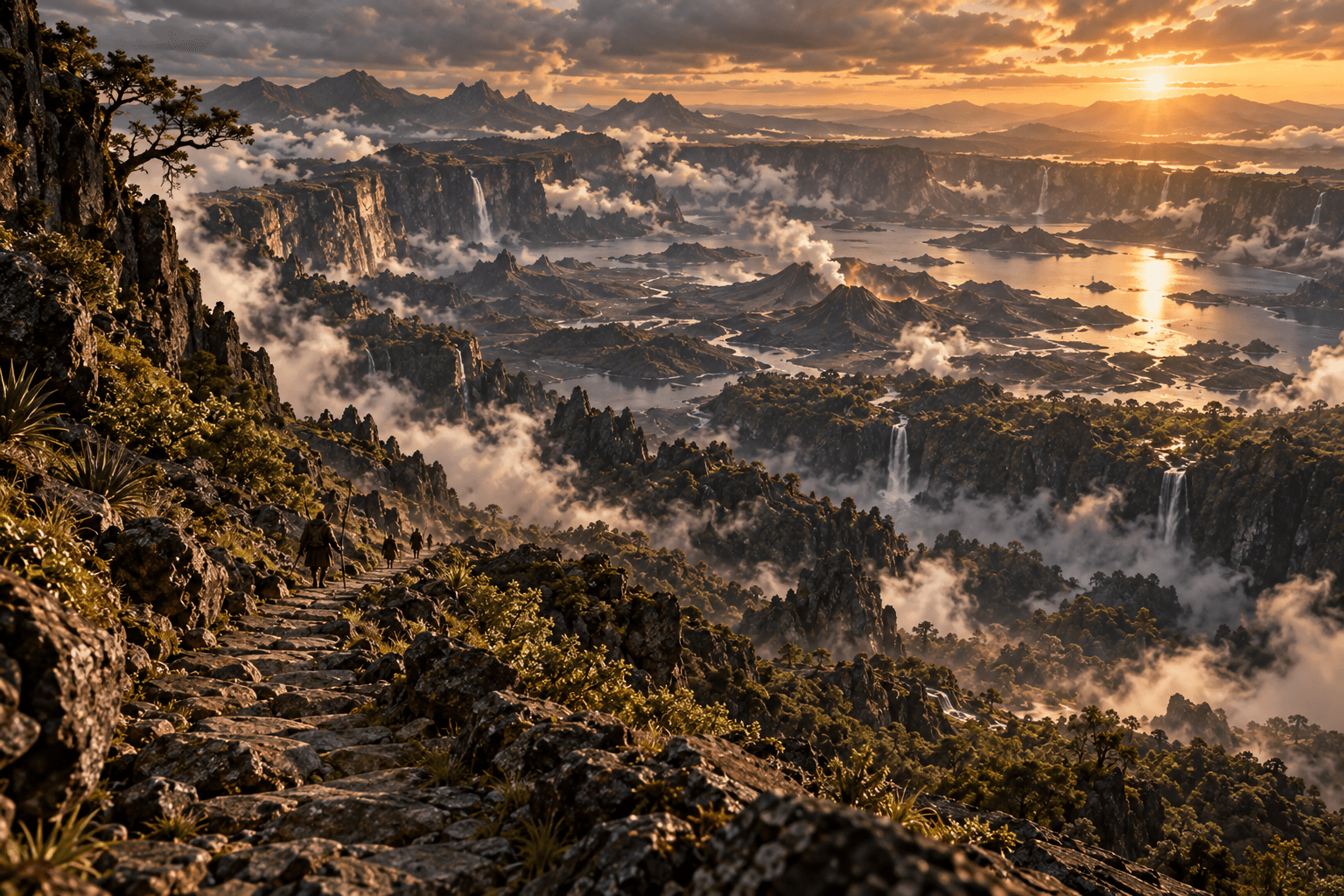 Premiers explorateurs descendant vers la Caldera au coucher du soleil